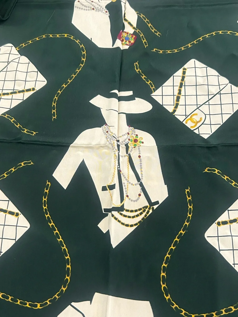 CHANEL Dark Green Silk Scarf with Silhouette of Ladies and Bags